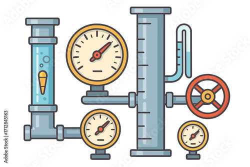 Industrial pipeline equipment set. Fluid pressure measurement with manometer gauge and valve. Hydraulic system, water flow control vector. Technical plumbing illustration.