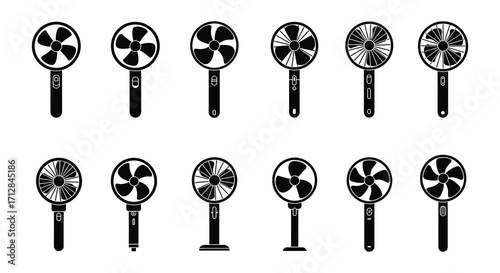 Collection of handheld electric fans in a decorative black silhouette