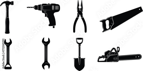 Construction tools icons set, hammer drill saw wrench pliers shovel chainsaw repair equipment, handyman vector illustration