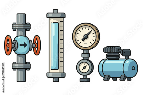 Set of industrial equipment for fluid control and pressure measurement. Vector cartoon icons of pipeline valve, flow meter, pressure gauge manometer and air compressor pump.