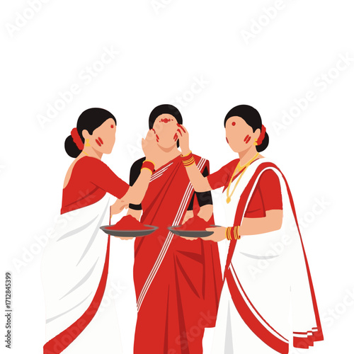 Women Sindoor Khela Icon – flat minimal women in red-white saree playing sindoor