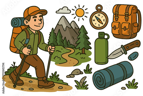 Hiking trekking adventure set. Man with backpack exploring nature. Outdoor camping equipment collection. Vector cartoon icons for tourism, compass, mountain, sleeping bag.
