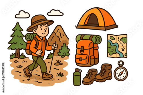 Hiking and camping adventure icon set. Man exploring nature with essential gear. Outdoor travel equipment collection: backpack, tent, map, compass, boots. Vector cartoon.