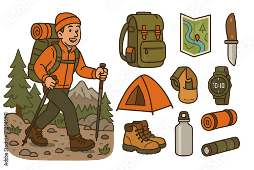 Hiking adventure and camping equipment set. Man character with backpack exploring nature. Outdoor gear collection with tent, map, boots for trekking and travel vector.