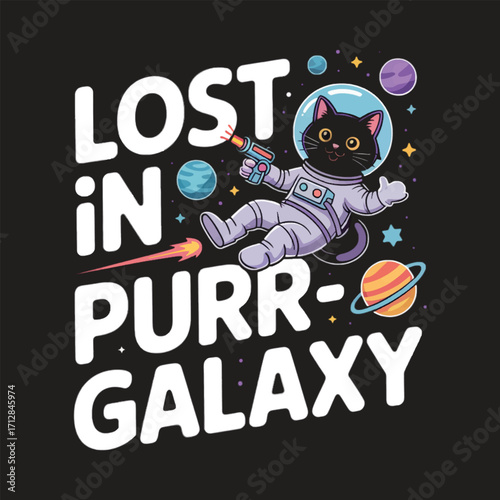 Lost in Purr Galaxy text with astronaut cat in space illustration stars