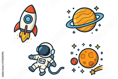Cute cartoon space exploration icon set. Vector collection with astronaut, rocket ship, planets, and stars. Children's astronomy and science graphic elements. Doodle style.