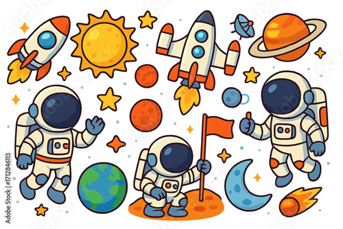 Cute cartoon space exploration icon set. Astronauts, rockets, planets, sun, and stars. Vector illustration collection for kids. Galactic adventure and solar system elements.