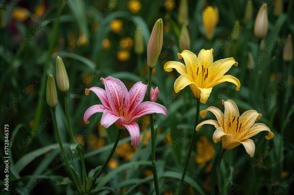 Obraz premium Garden filled with pink and yellow rain lily blossoms and buds