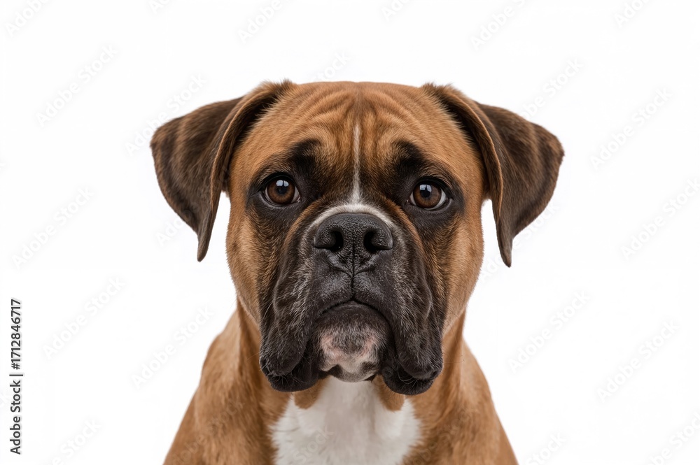 Fototapeta premium Close-up of a Boxer breed dog against a white background