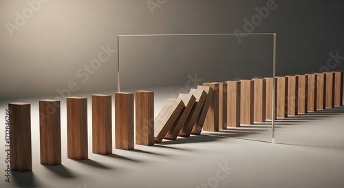 Wooden dominoes falling stopping at transparent barrier concept for resilience and overcoming obstacles