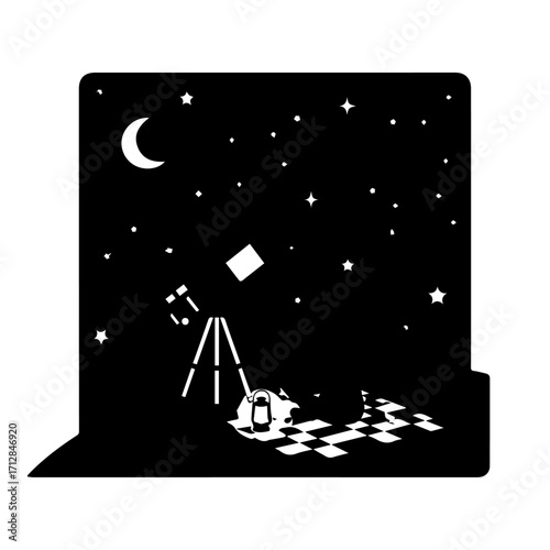 Night Sky View Through Window with Telescope and Stars.