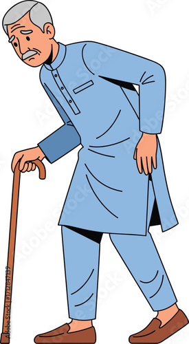 Elderly man with cane, old senior person in traditional clothing, aged grandfather character standing weak vector illustration