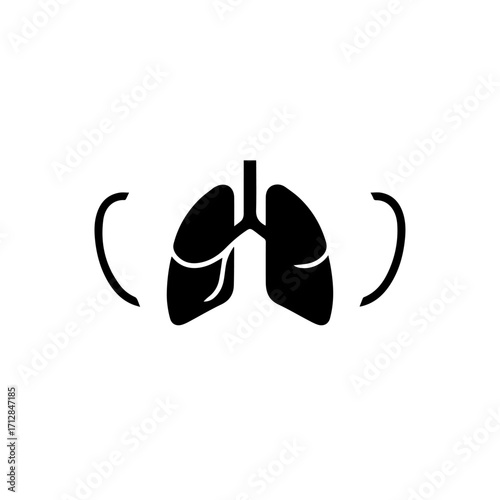 Simple Black Silhouette of Human Lungs with Curved Breathing Indicators.