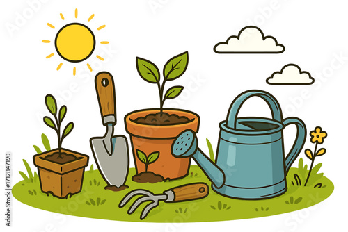 Gardening tools vector set for planting seedlings in spring. Horticulture concept with watering can, trowel, rake, and plant pots on a sunny day. Cartoon farm work illustration.