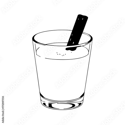 Simple Line Art Illustration of a Glass of Milk with Cinnamon Stick.