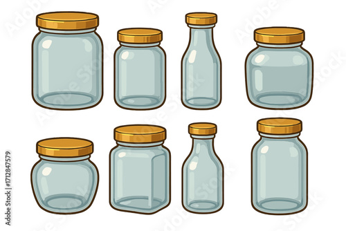 Collection of empty glass jars and bottles with gold lids. For kitchen storage, food preservation, canning, jam, or crafts. Vector cartoon illustration set isolated on white.