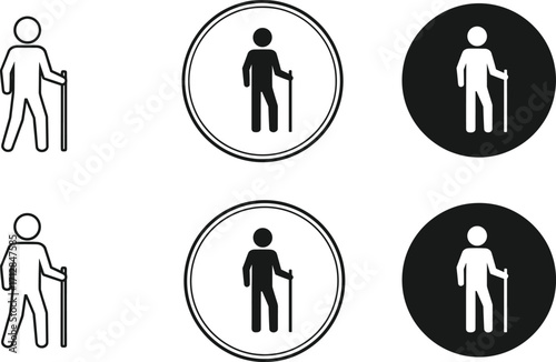   symbols, simple stick figure vector illustrationElderly person with cane icons set, senior people healthcare and accessibility symbols, simple stick figure vector illustration