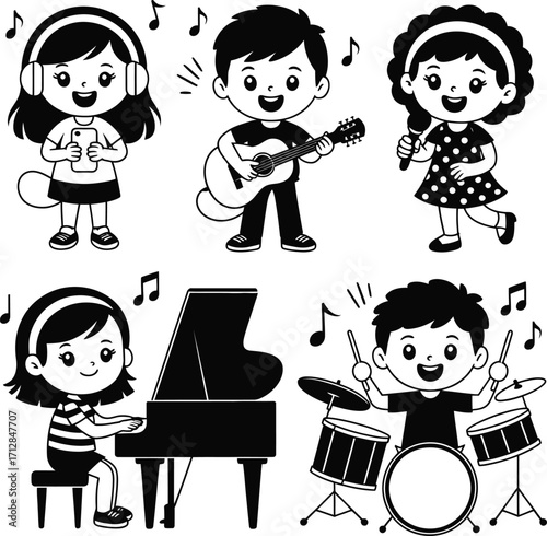 Cartoon illustration of children playing musical instruments and listening to music with headphones