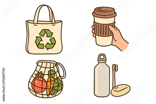 Zero waste lifestyle elements. Reusable items for sustainable living. Eco friendly tote bag, coffee cup, mesh grocery bag, water bottle. Reduce plastic cartoon vector set.