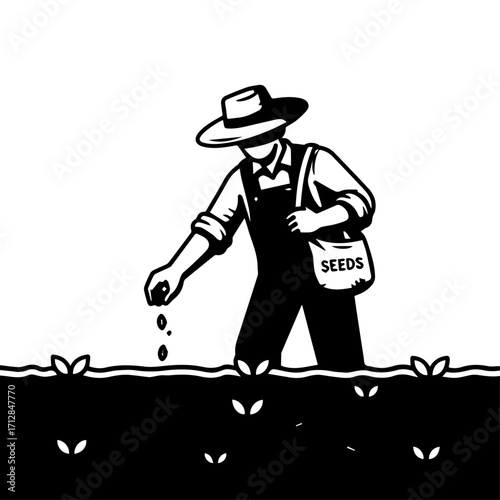 Silhouette of a Farmer Sowing Seeds in a Field Wearing Overalls and Hat.