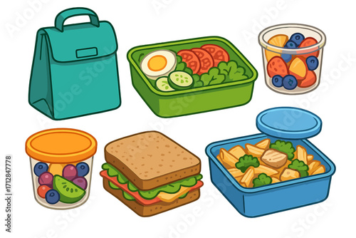 School lunch box set with healthy food. Sandwich, salad, pasta, fruit cup in reusable containers. Meal prep concept for kids. Vector cartoon illustration of a balanced diet.