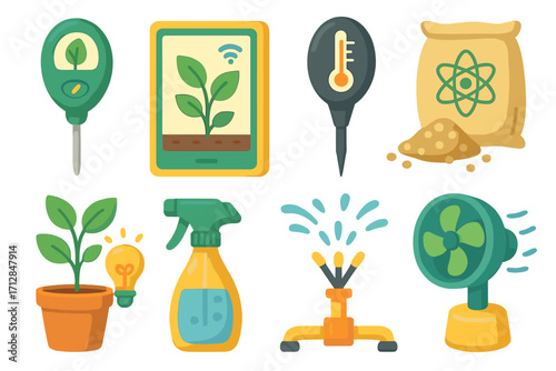 Gardening tools illustration set for monitoring plant health and optimizing growth. Smart farming tech equipment. Soil meter, thermometer, fertilizer, sprinkler icons.
