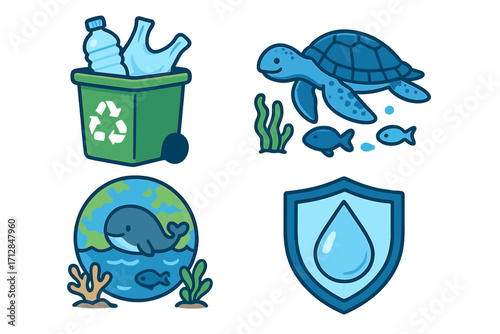 Ocean conservation icon set. Recycling plastic waste, marine life protection, and water saving concepts. Vector cartoon illustrations of sea turtle, whale, earth, and recycle bin.