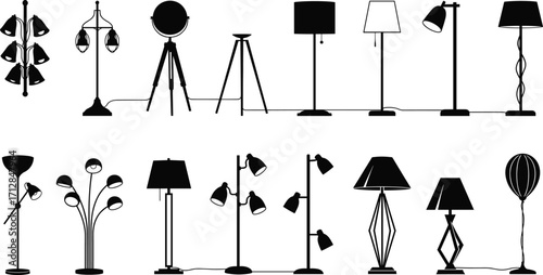 Floor lamp silhouettes set, modern and classic lighting designs, interior decor vector collection, home furniture illustration