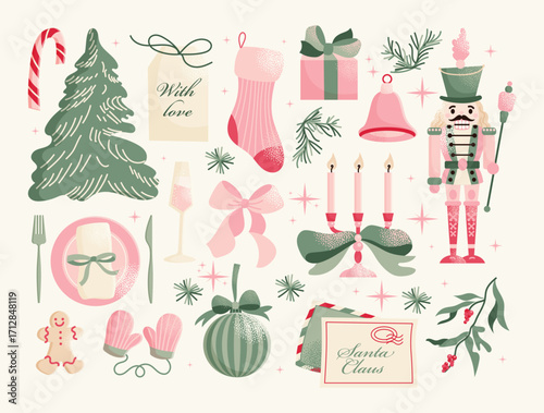 Set of Christmas tree, nutcracker, candle, gift, champagne, bow, plate with cutlery, letter to Santa and gift tag. Flat vector illustration isolated. Winter holiday and Christmas celebration concept