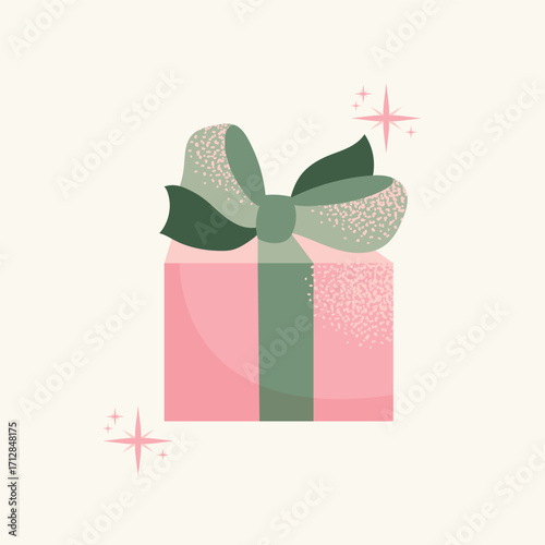 Stylish holiday gift box with a green bow and sparkling stars. Festive present for Christmas, New Year, and celebrations. Flat vector illustration isolated. Winter holiday and Christmas celebration