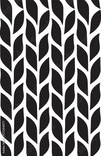 Abstract black and white woven pattern of vertical leaf shapes creating a textured organic and repeating textile design for backgrounds