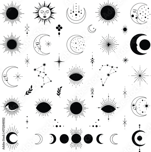 Celestial sun moon stars constellations and mystical eyes isolated on white background