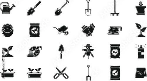 Gardening tools icons set, shovel rake watering can gloves hose wheelbarrow seeds plants farming equipment, vector illustration