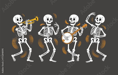 Dancing skeletons playing trumpet and banjo with abstract motion lines, fun Halloween jazz party illustration, spooky music performance, festive skeleton band vector design