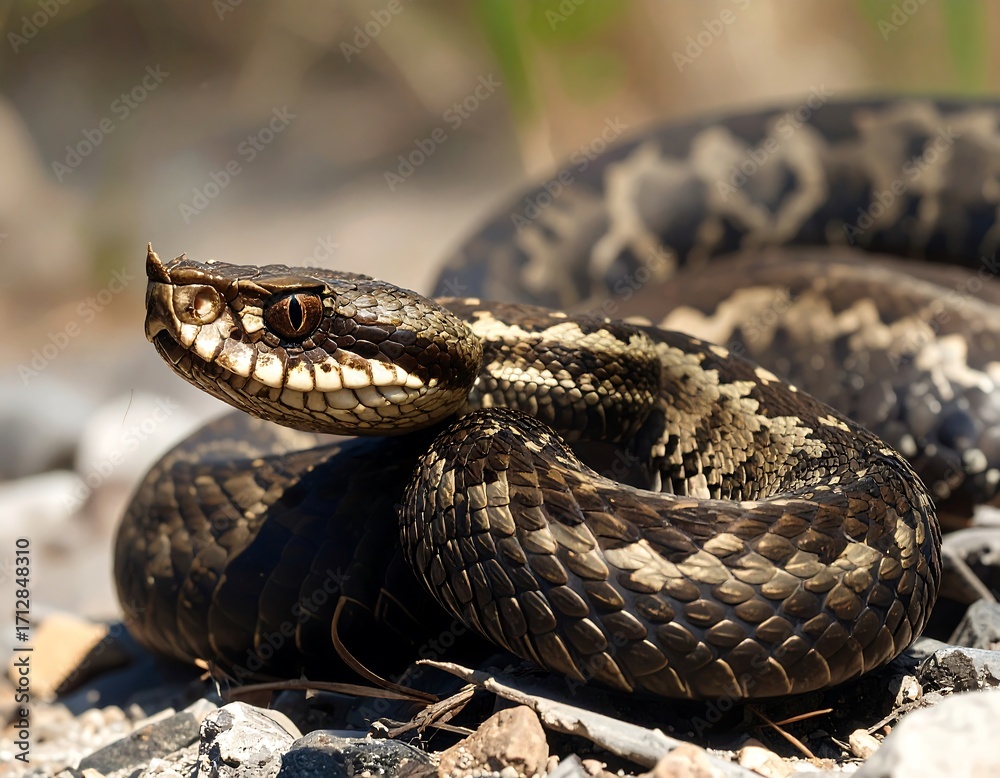 Fototapeta premium Venomous snake coiled on rocky ground