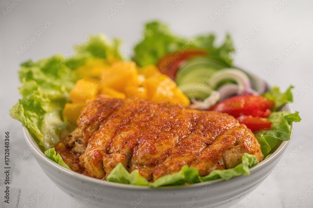 Fototapeta premium Spiced chicken salad featuring lettuce, mango, red bell pepper, and cucumber with a focus on the foreground meat