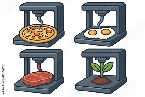 3D food printer technology set. Innovation concept printing pizza, eggs, meat steak & plant. Future of food, bioprinting & biotechnology. Cartoon vector illustration pack.
