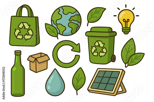 Eco-friendly icon set for sustainability and recycling awareness. Vector cartoon collection with green energy, planet Earth, reusable bag, and conservation symbols for ecology.