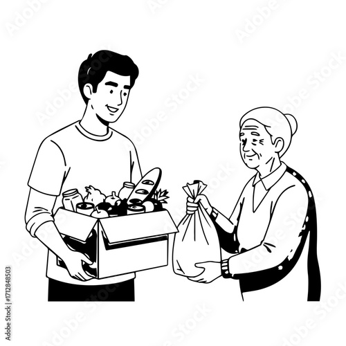 Young Man Donating Food Box and Bag to Elderly Woman Helping Hand.