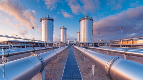 Wide panoramic shot of Carbon Capture Utilization Storage facility with massive CO2 absorption towers and stainless steel pipelines.