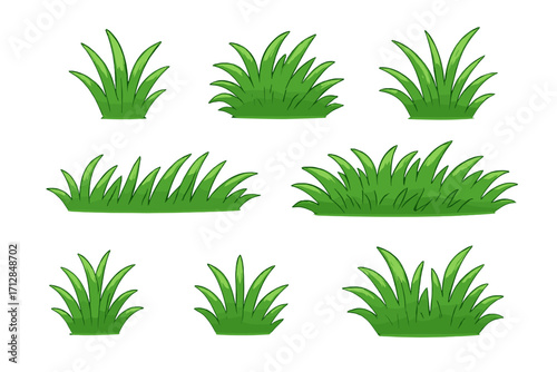 Vector cartoon illustration of various green grass clumps. Natural lawn elements for landscaping, gardening, or park scenes. Fresh spring meadow plant set isolated on white.