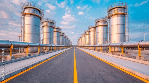 Wide panoramic shot of Carbon Capture Utilization Storage facility with massive CO2 absorption towers and stainless steel pipelines.