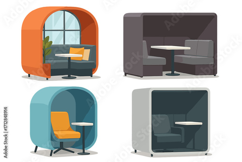 Set of modern office seating pods for collaborative and private work. Acoustic meeting booths and privacy pods for contemporary open-plan workspaces. Vector illustration.