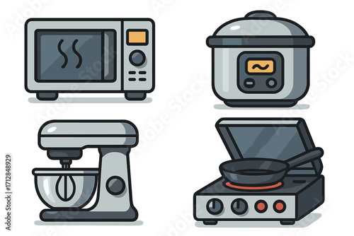 Modern kitchen appliances set for cooking convenience. Vector cartoon icons of microwave, stand mixer, multi cooker, and electric stove. Home technology for food preparation.
