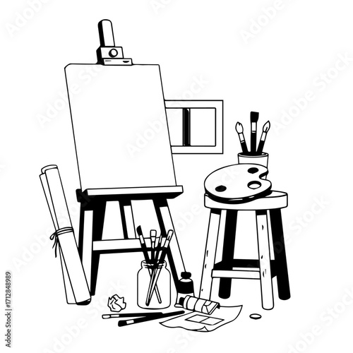 Sketchy black and white line art of an artists workspace featuring an easel blank canvas stool and various painting supplies.