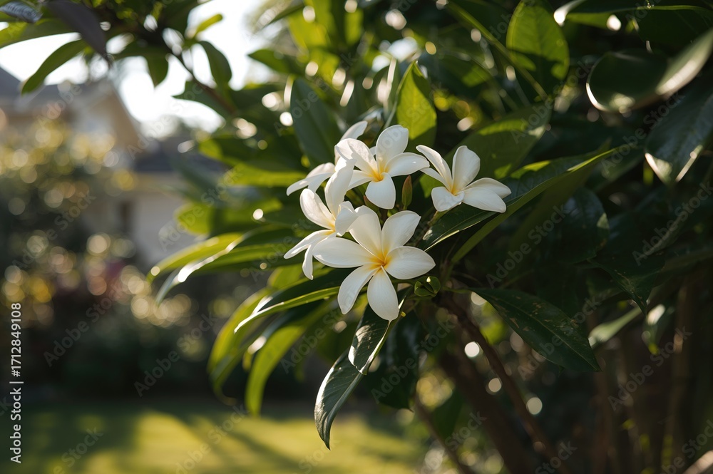 Fototapeta premium Fragrant blossoms appear on backyard Plumeria following rainfall