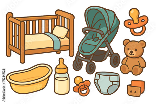Baby care icons set. Nursery essentials for newborn. Cute cartoon vector illustration. Crib, stroller, pacifier, teddy bear, bottle, diaper. Childcare and motherhood concept.