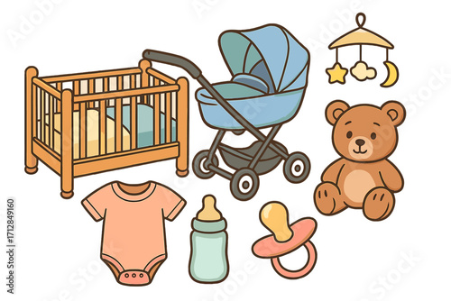 Set of newborn baby essentials for nursery. Cute cartoon vector icons including crib, stroller, pacifier, teddy bear, bottle, and mobile. Flat design baby shower elements.