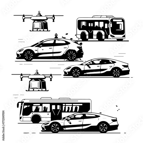 Sleek Black and White Electric Sedan Car in Modern Transportation Illustration.