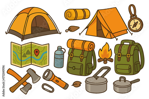 Camping equipment set for outdoor adventure. Vector cartoon collection with tent, backpack, map, compass. Hiking, trekking, and survival gear for tourism and travel illustration.